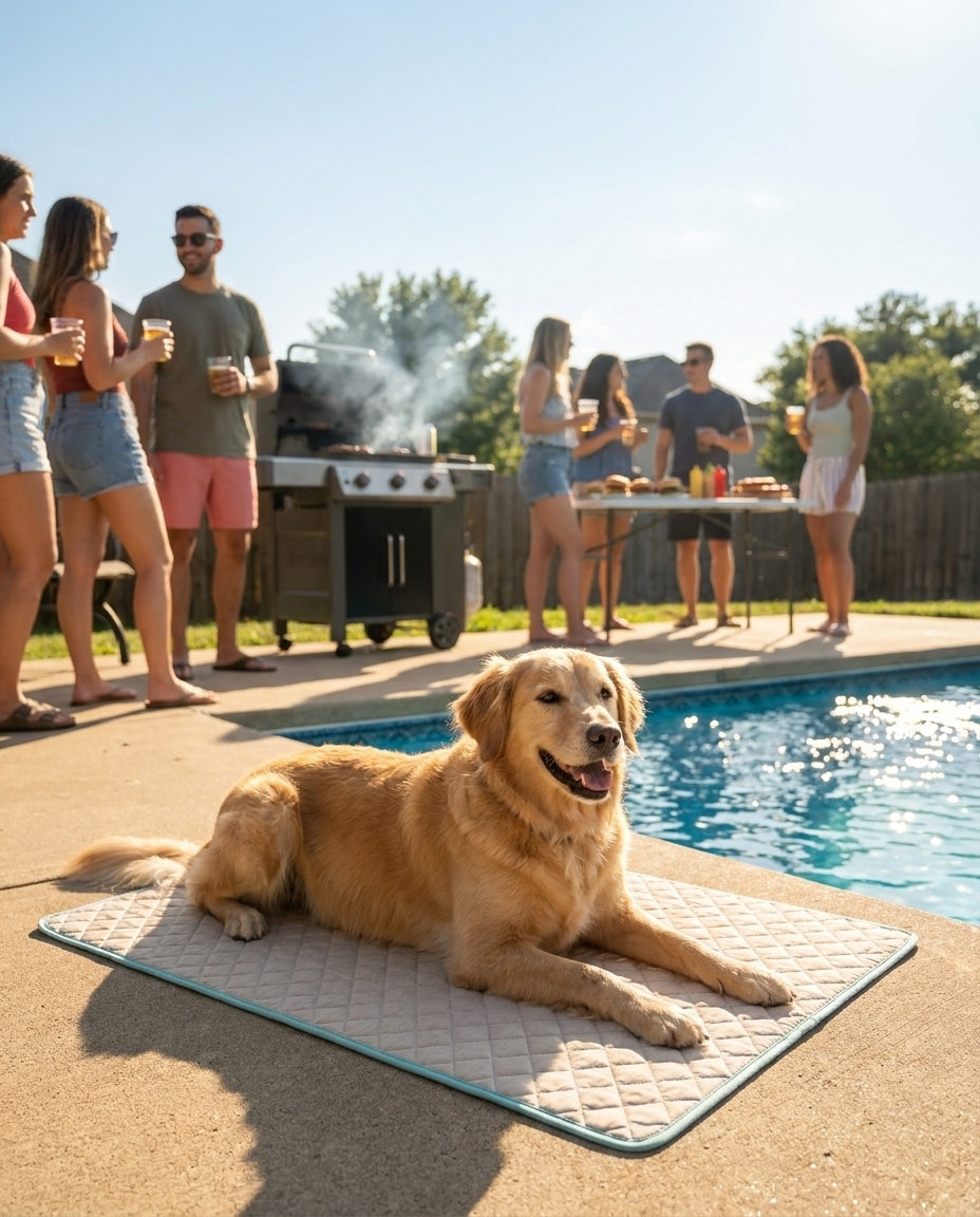 Husky cooling off on a Frostden mat beside the pool