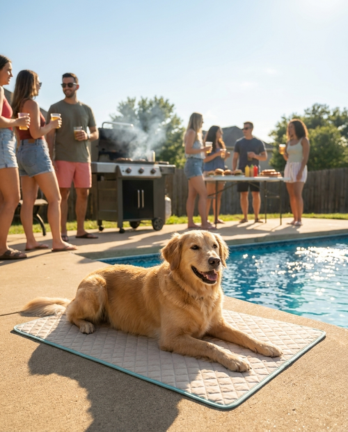 Husky cooling off on a Frostden mat beside the pool