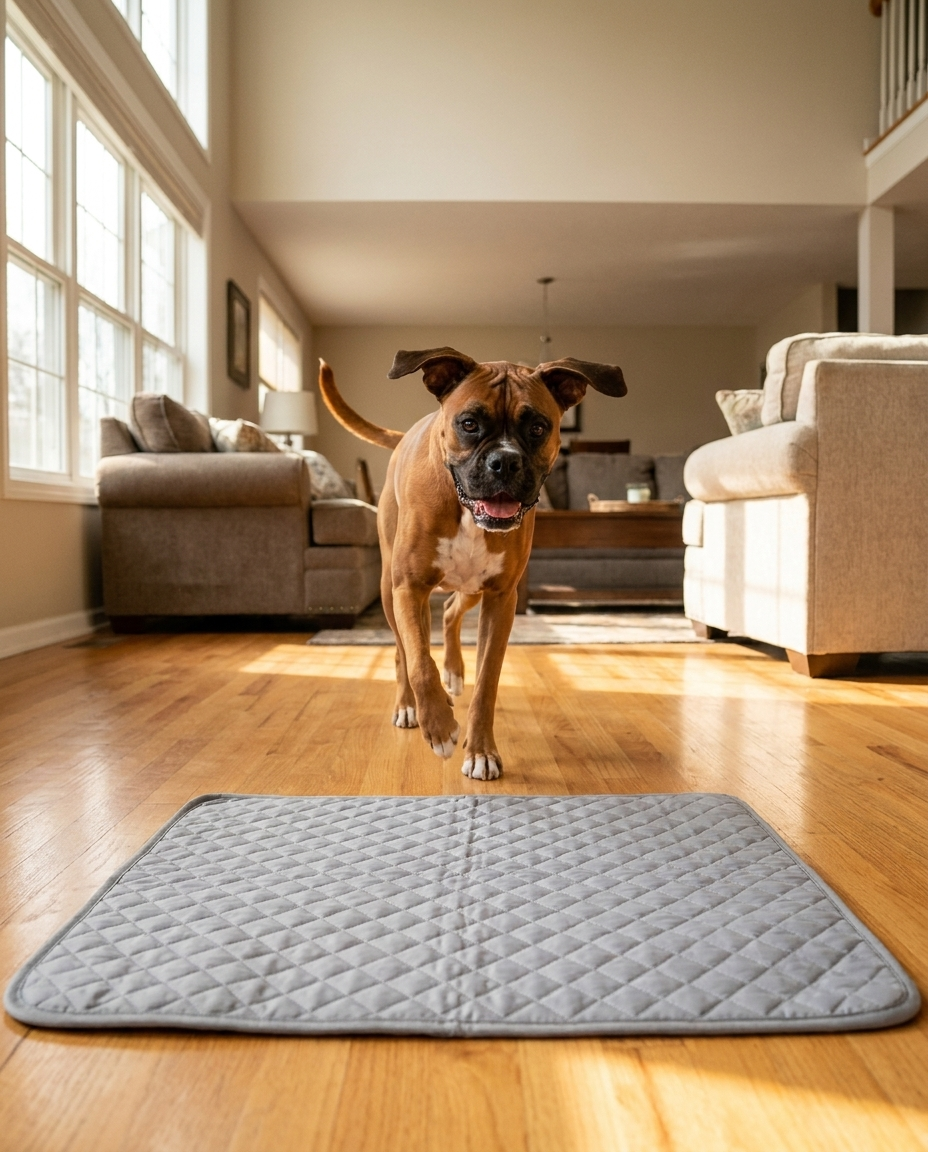 Grey diamond-quilted Frostden cooling mat with a boxer resting on it